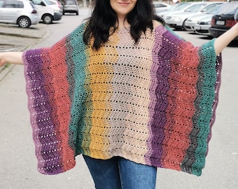 Boho Crochet Poncho, Knit Sweater Poncho, Ready to Ship
