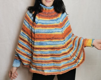 Hand knitted sweater poncho Poncho with cuffs Handmade Turtleneck poncho sweater