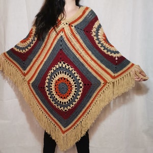 Hand crochet poncho Boho Poncho Boho granny square poncho with fringe