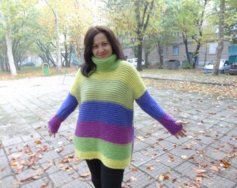 Hand-knit sweater  Chunky knit sweater. Oversized Loose knit sweater. Thumb holes sweater. Turtleneck women sweater.