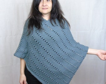 Women's Grey Knitted Wool and acrylic  Poncho