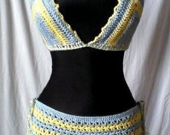 Hand knit halter bra and skirt  Handmade halter top Bikini top Crochet beach halter top and crochet skirt