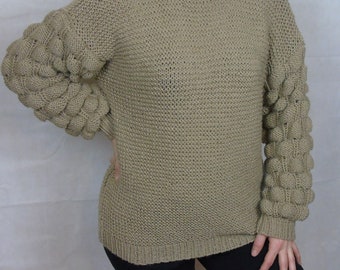 Hand-Knit Wool Sweater, Chunky Oversized Turtleneck