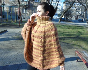 Hand Knitted Mohair Poncho Cable Fuzzy Sweater Turtleneck