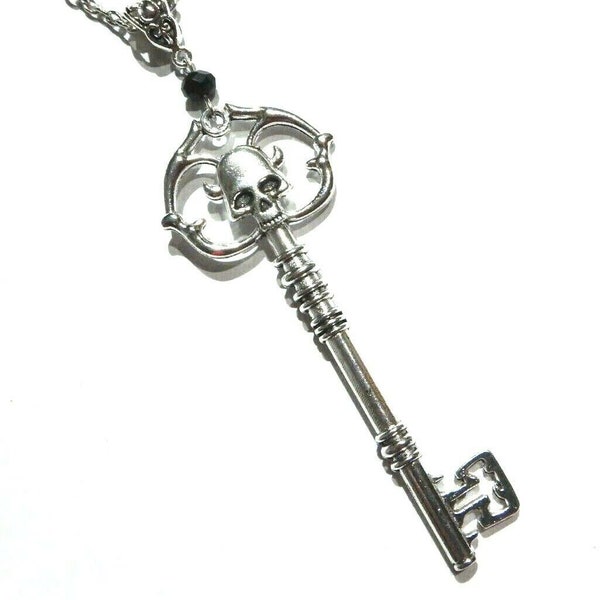 Silvertone Large Skeleton Key with Skull Pendant Necklace black bead Gothic 12J