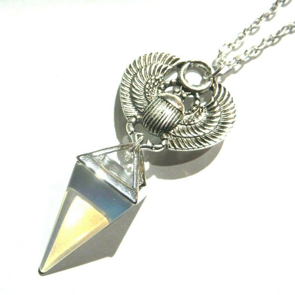 Winged Scarab Beetle and Carved Opalite Pyramid Point Pendant on 18" Silvertone Chain Necklace Egyptian Gothic African 9I