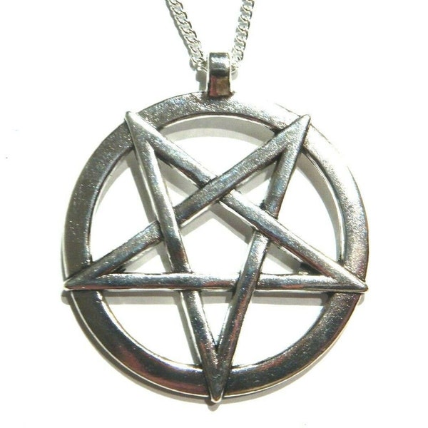 Large Silver-tone Inverted Pentagram Pendant on 24" Chain Unisex Necklace 4C