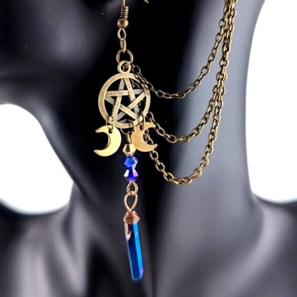 Bronze Pentagram & Moon Asymmetric Earrings and Ear Cuff chains AB quartz crystals gothic pentacle magick wiccan pagan witch 15D