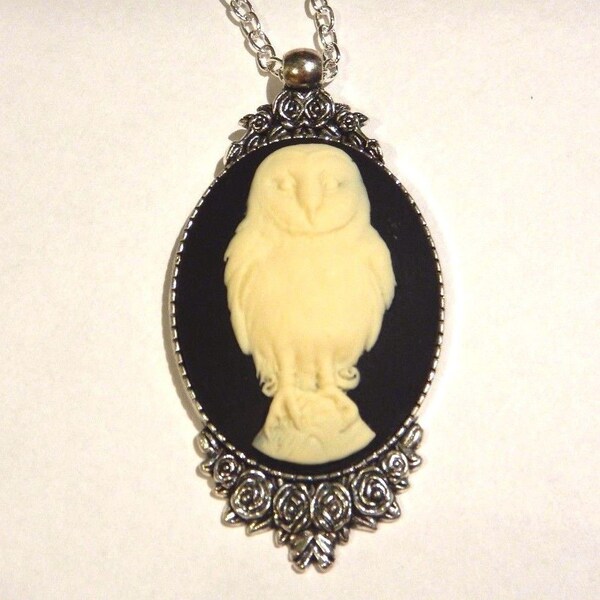 Ivory & Black Barn Owl Cameo Pendant on Silver-tone Chain Necklace 2S