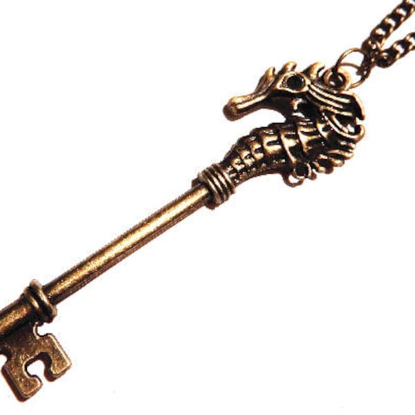 Bronze Hippocampus Key Pendant Necklace sea horse skeleton key steampunk 1J