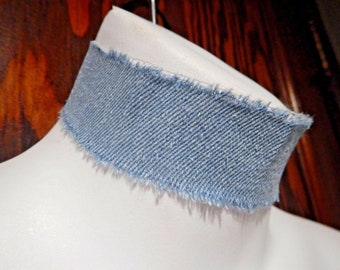 Wide Frayed & Faded Denim Jeans Choker Necklace ribbon collar 2S