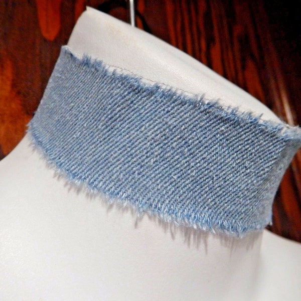 Wide Frayed & Faded Denim Jeans Choker Necklace ribbon collar 2S