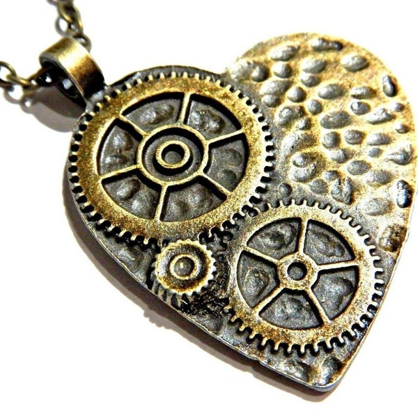 Bronze Steampunk Heart Pendant with Gears on 18" Chain Necklace 10C