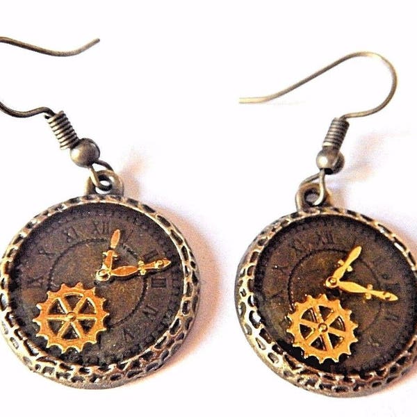 Hypoallergenic Bronze Clock Face Steampunk Earrings 3H