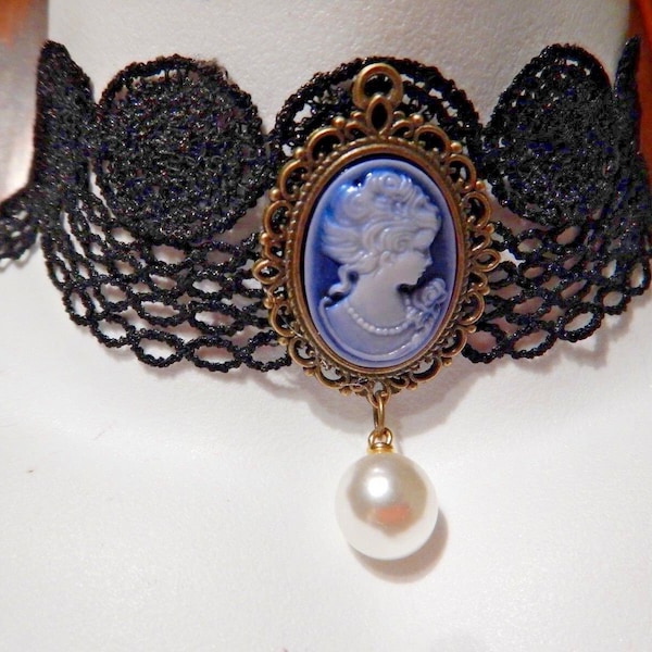 Black lace choker with green or blue cameo centerpiece and pearly bead 14G