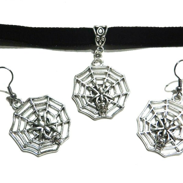 Spider Web & Skull Jewelry - Velvet Choker Necklace, or Earrings - Silvertone and Black Halloween 4U