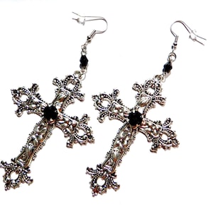 Silver tone Gothic Cross large ornate pendant earrings with black glass rhinestone on surgical steel hooks #3M