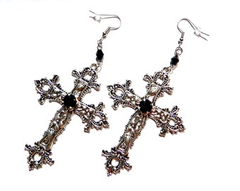 Silver tone Gothic Cross large ornate pendant earrings with black glass rhinestone on surgical steel hooks #3M