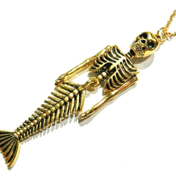 Gold Tone Mermaid Skeleton Jointed Pendant on Chain Necklace Pirate Nautical Psychobilly Siren 5C