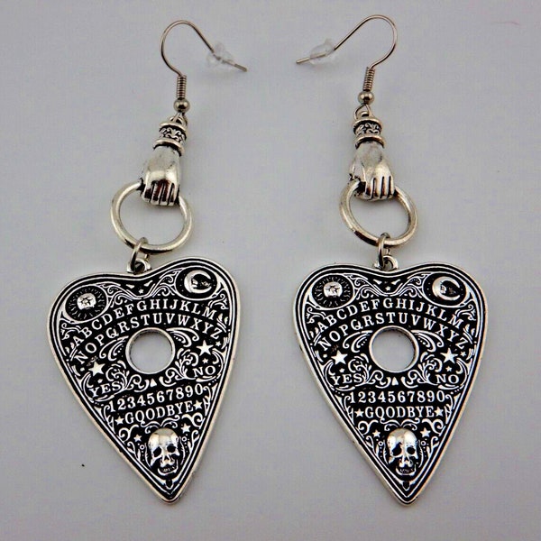 Silver-tone Ouija Board Planchette & Figa Fist Earrings gothic occult skull 13D