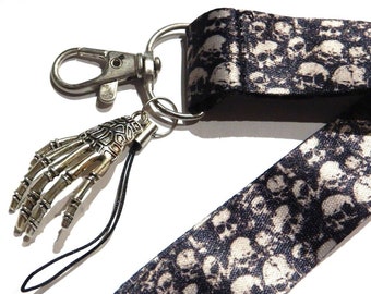 Black & Gray Skulls Lanyard with skeletal hand charm neck strap halloween ID band skeleton key ring 5U