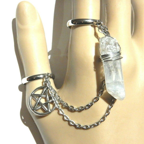 Pentagram and Quartz Crystal linked chain finger rings silvertone adjustable 12B