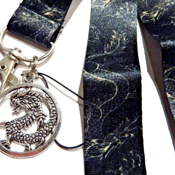 Black Asian Dragon Lanyard with silvertone charm neck strap ID band & clip key ring 7S