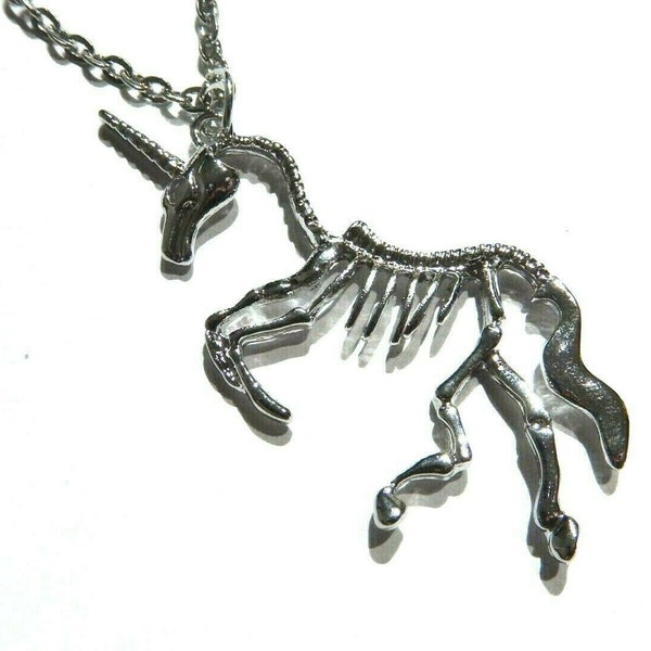 Prancing Unicorn Skeleton pendant on Silvertone Chain Necklace gothic skeletal horse 3P