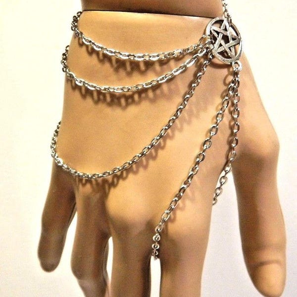 Silver Tone Pentagram & Chains Slave Bracelet layered hand jewelry 5J