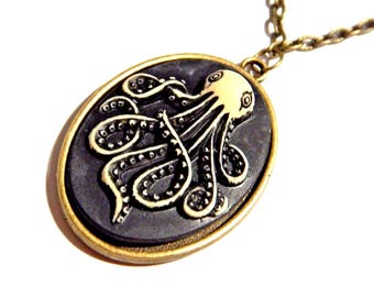 Octopus & Skull Cameo Pendant on Bronze Chain Necklace 2R