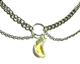Crystal Moon Necklace double tiered chain choker with glass crescent moon pendant 12G