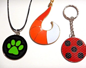 Miraculous Ladybug Pendant Necklace or Key Ring adrien marinette Alya Rena Rouge Chat Noir cosplay prop logo