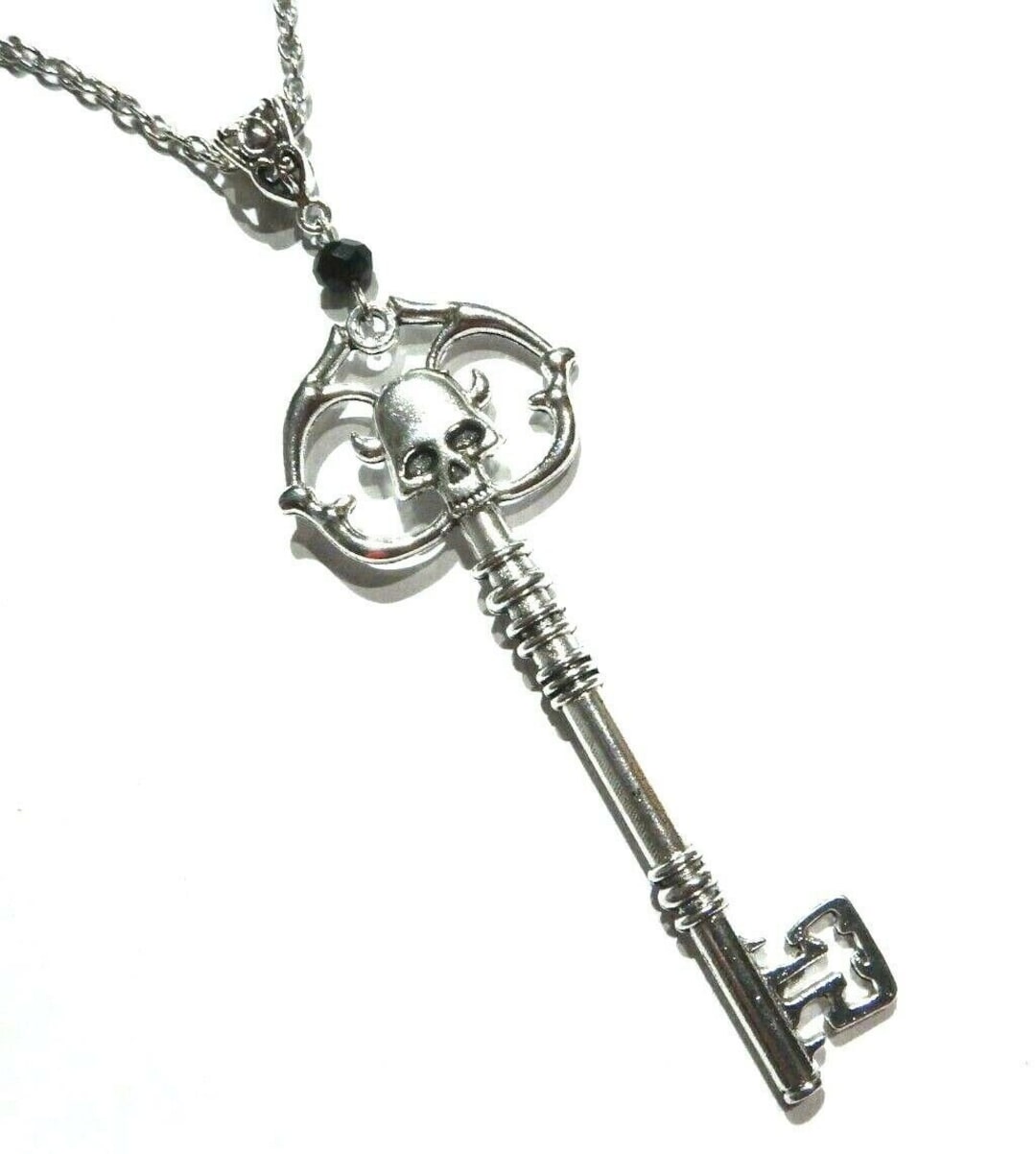 Silvertone Large Skeleton Key With Skull Pendant Necklace Etsy