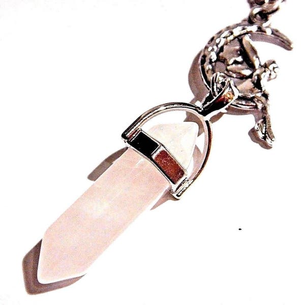 Fairy on Crescent Moon, with Rose Quartz Hex-Point Crystal Pendant on Silvertone Chain Necklace 7P