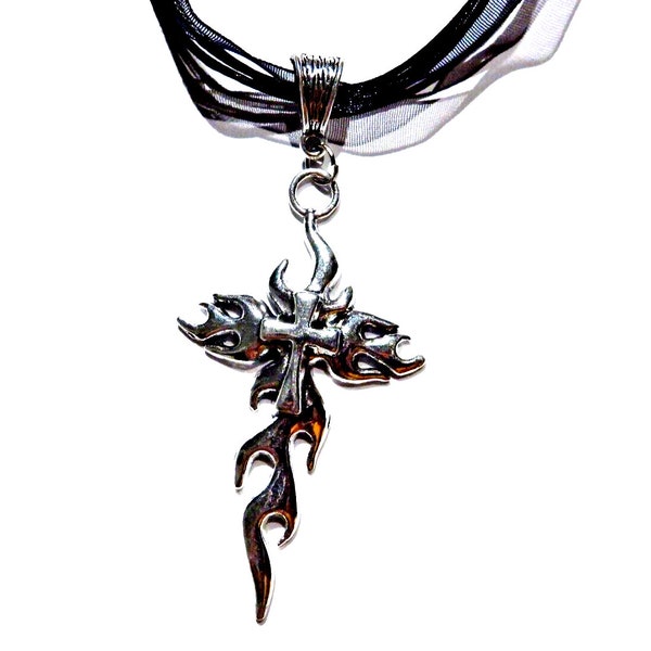 Flaming Cross Pendant on Black Velvet Choker Necklace gothic 90s punk grunge crucifix crux 13H