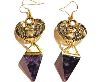 Gold tone Egyptian Scarab Beetle & Amethyst Pyramid Earrings on Nickel-Free French Hooks occult Egypt Quartz Africa 11F