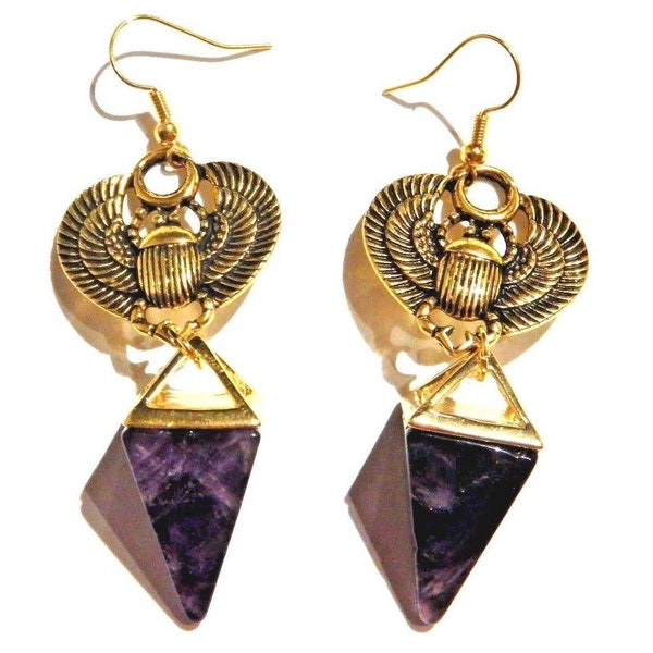 Gold tone Egyptian Scarab Beetle & Amethyst Pyramid Earrings on Nickel-Free French Hooks occult Egypt Quartz Africa 11F