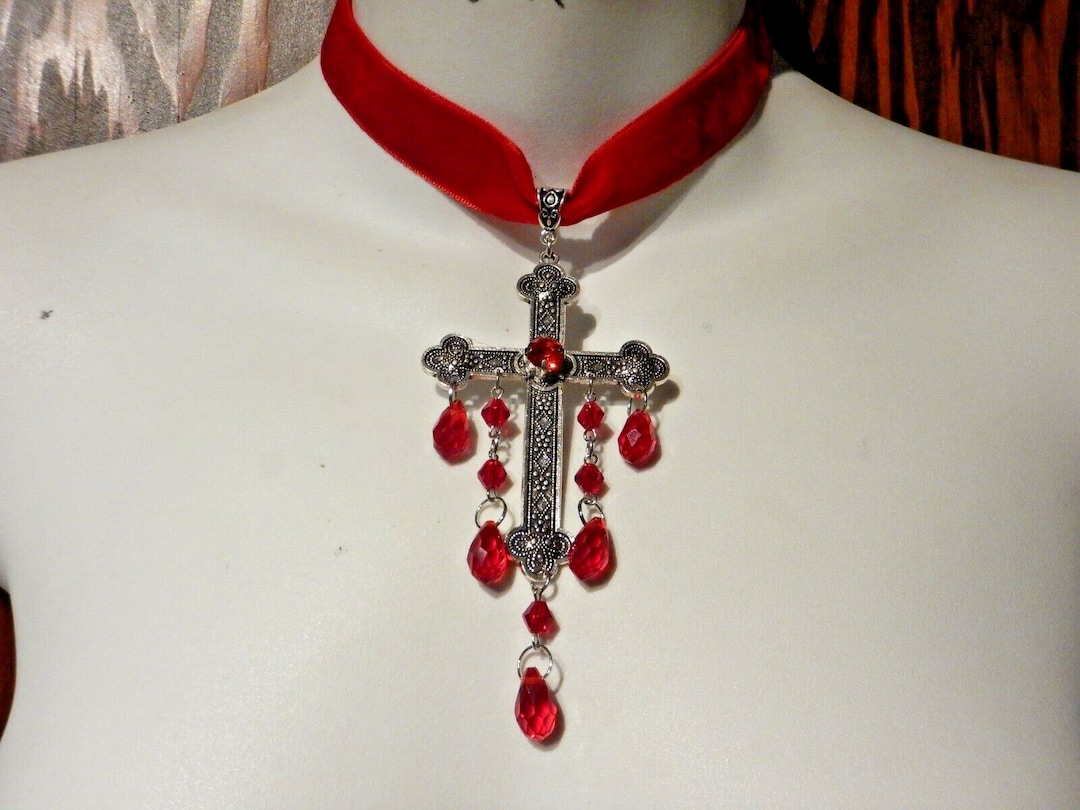 Large Drippy Ornate Cross Pendant on Red Velvet Choker Necklace Gothic