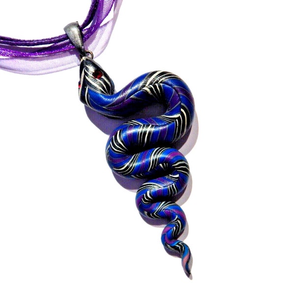 Fimo Clay Snake Pendant on Purple Organza Ribbon & Cord Choker Necklace 13D