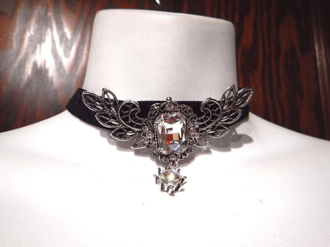 Black Velvet & Silver Filigree Gothic Choker Necklace With Red OR Clear ...