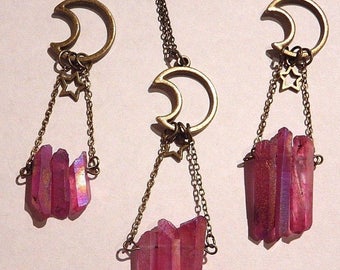 Bronze Crescent Moon & Fuchsia Iridescent Crystal Pendant with Star Charm Necklace 4J