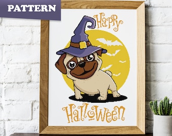 Pug Halloween cross stitch pattern | Dogs | Animals | Witch Hat | Moon | Bats | Pets | Cute | Doggie | PDF pattern