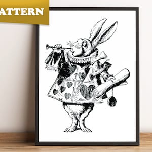 Vintage rabbit cross stitch pattern | Retro | White rabbit | Alice in Wonderland | Black and gray | PDF pattern