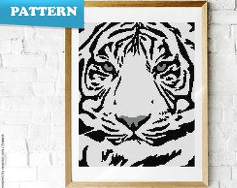 White tiger face cross stitch pattern | Animals | Wild | Bengal | Minimal | PDF pattern