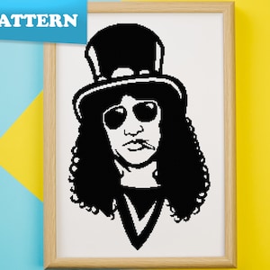 May include: Black and white illustration of a musician with long curly hair wearing a top hat and sunglasses. The musician is holding a cigarette in their mouth.