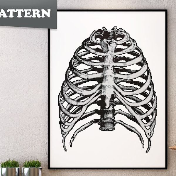 Rib cage cross stitch pattern | Black and gray | Skeleton | Anatomy | Ribs | Human body | Bones | PDF pattern