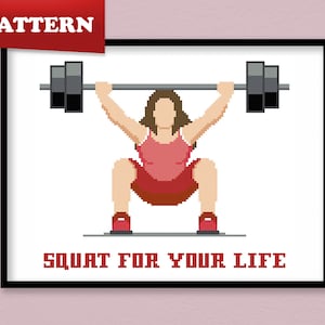 Könnte beinhalten: Ein Pixel-Art-Kreuzstichmuster einer Frau in einem roten und rosafarbenen Outfit, die in die Hocke geht und eine Langhantel hebt. Der Text "SQUAT FOR YOUR LIFE" befindet sich unter dem Bild.