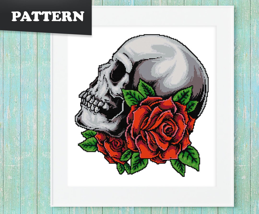 Skull With Roses Cross Stitch Pattern | Gothic | Flowers | Skeleton ...