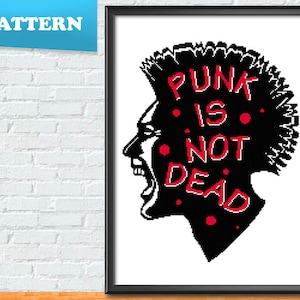 May include: Black and white illustration of a punk rocker with a mohawk hairstyle. The text "Punk is not dead" is written in red letters on the illustration.