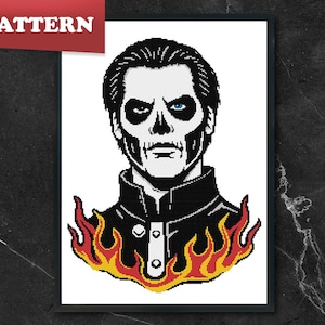 May include: Framed art print showing a pixelated portrait of a figure with a skull-like face and blue eyes. The figure wears a black jacket with flames at the bottom. The word "PATTERN" is in a red box at the top left.